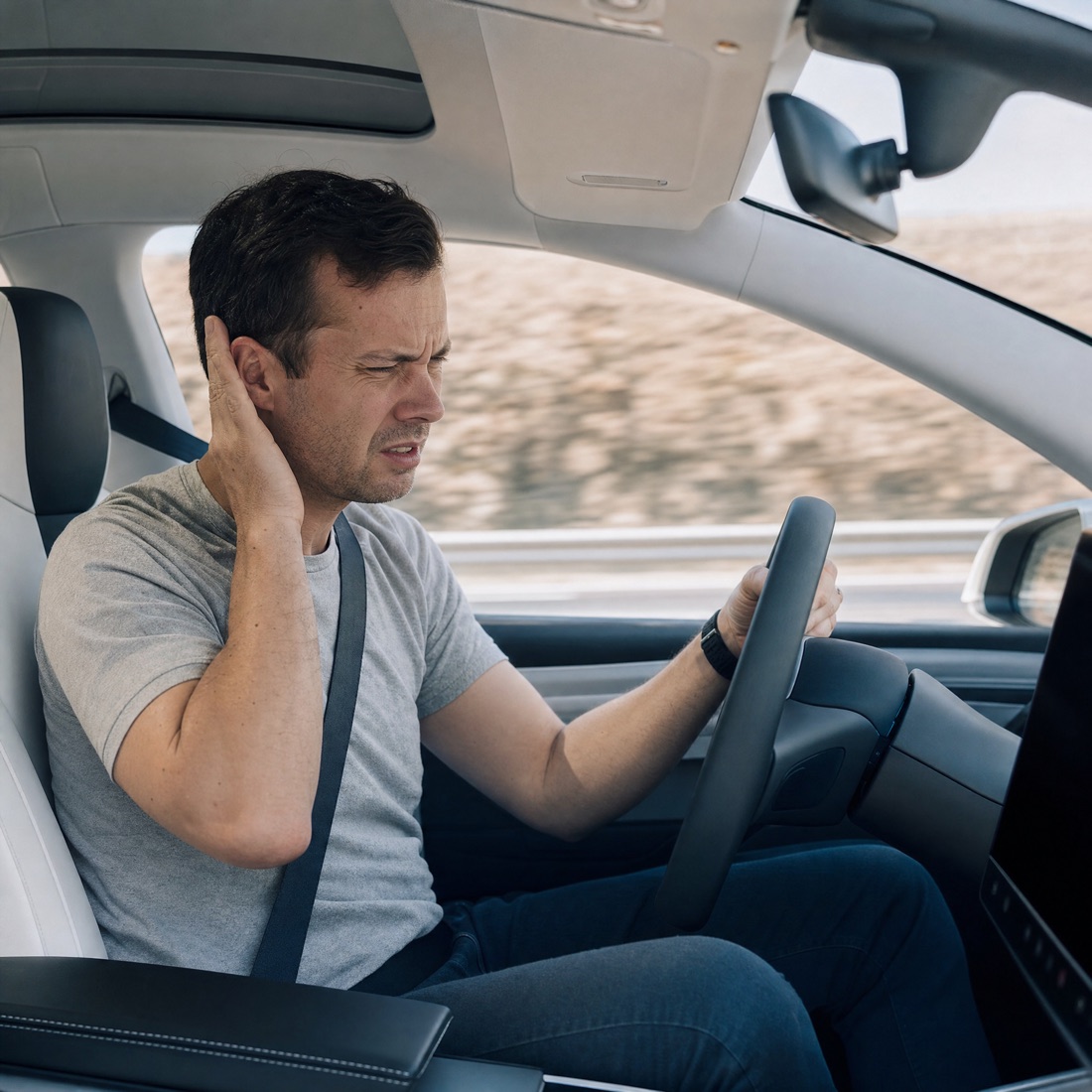 Driver wincing at loud highway road noise inside the cabin