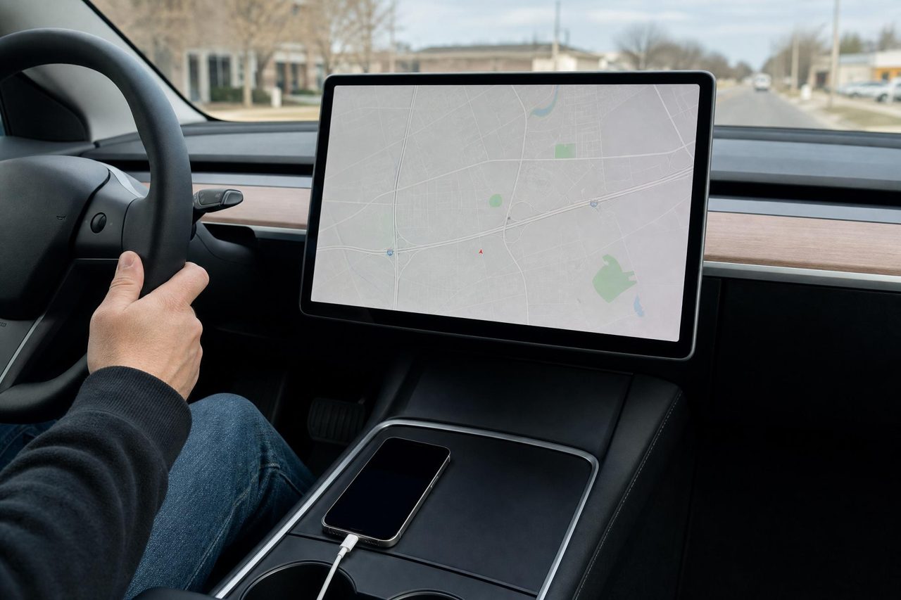 Tesla screen showing only the built-in map with the phone left in the cupholder